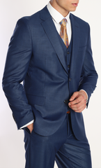 A navy plain three piece suit with waistcoat, and trousers.