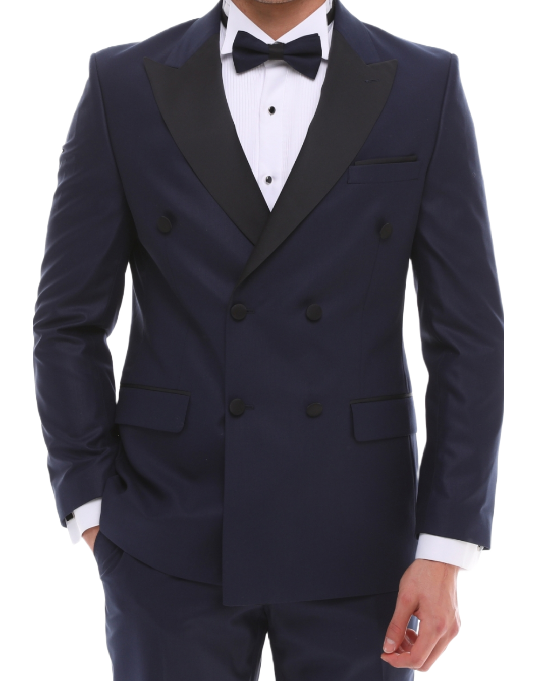 Men's ANTIQUE Navy Double-Breasted Tuxedo - Navy & Black Satin Details Suit