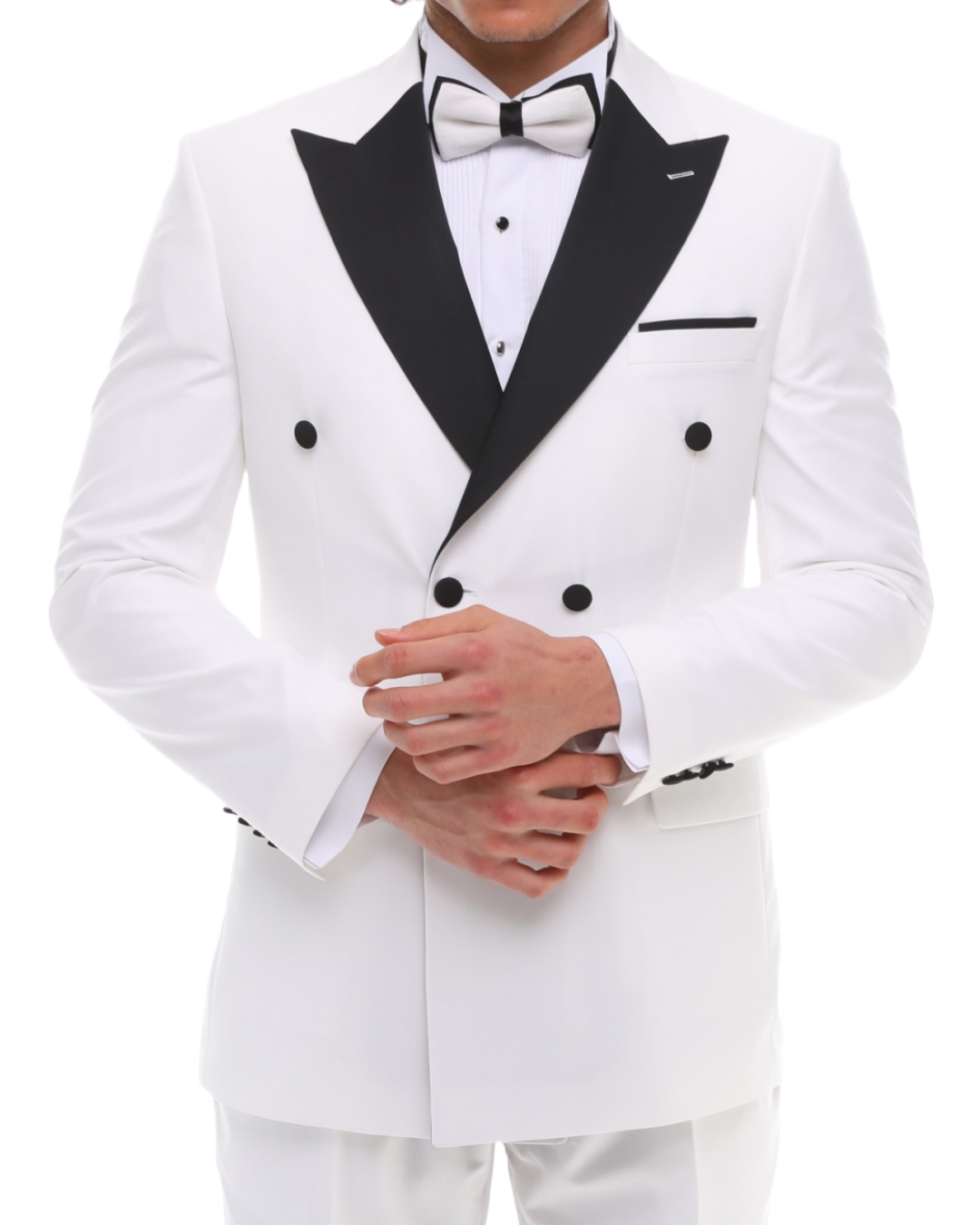 Men's ANTIQUE White Double-Breasted Tuxedo - White & Black Satin Details Suit