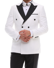 Men's ANTIQUE White Double-Breasted Tuxedo - White & Black Satin Details Suit