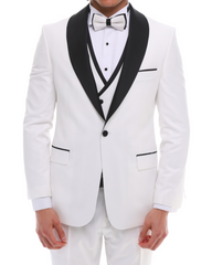 Men's ANTIQUE White 4 Piece Tuxedo - White & Black Shawl Lapel Satin Details Suit