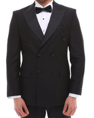 Men's ANTIQUE Black Double-Breasted Tuxedo - Black Satin Details Suit