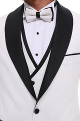 Men's ANTIQUE White 4 Piece Tuxedo - White & Black Shawl Lapel Satin Details Suit