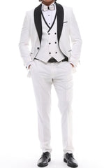 Men's ANTIQUE White 4 Piece Tuxedo - White & Black Shawl Lapel Satin Details Suit