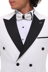 Men's ANTIQUE White Double-Breasted Tuxedo - White & Black Satin Details Suit