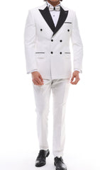 Men's ANTIQUE White Double-Breasted Tuxedo - White & Black Satin Details Suit