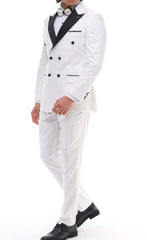 Men's ANTIQUE White Double-Breasted Tuxedo - White & Black Satin Details Suit