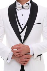 Men's ANTIQUE White 4 Piece Suit - White & Black Satin Details Shawl Lapel Tuxedo