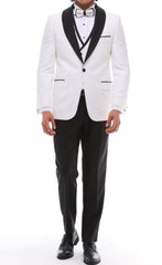 Men's ANTIQUE White 4 Piece Suit - White & Black Satin Details Shawl Lapel Tuxedo