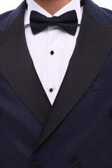 Men's ANTIQUE Navy Double-Breasted Tuxedo - Navy & Black Satin Details Suit