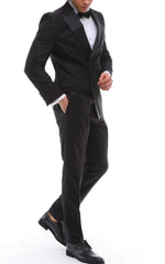 Men's ANTIQUE Black Double-Breasted Tuxedo - Black Satin Details Suit