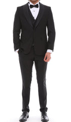 Men's ANTIQUE Black 4 Piece Suit- Black Satin Details Shawl Lapel Tuxedo
