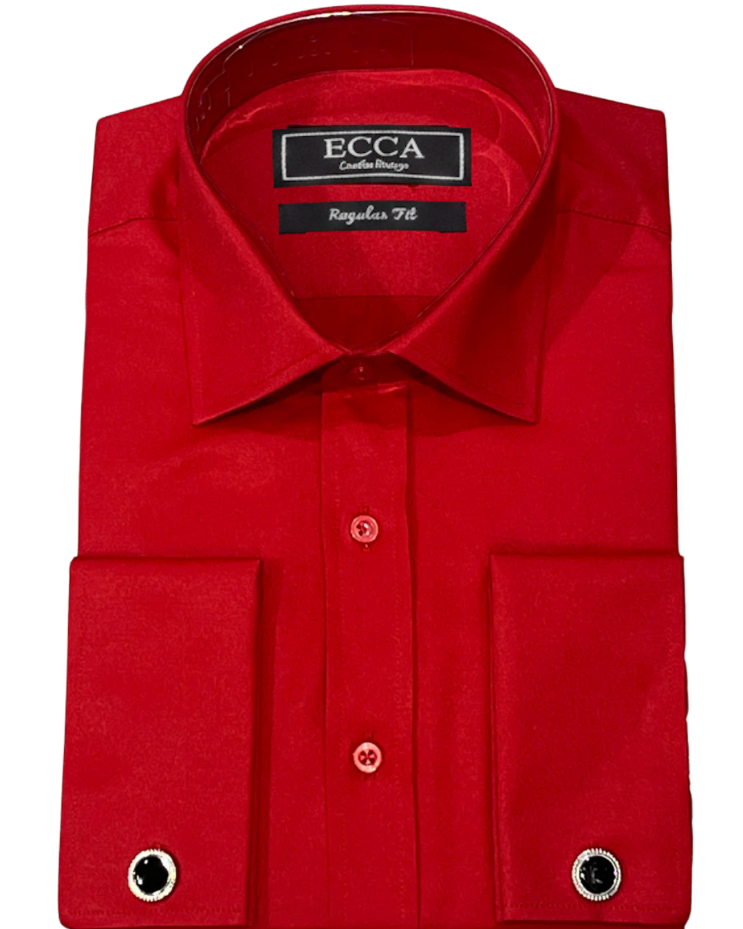 Men's luxury red shirt with double cuffs and stud detail made from premium cotton fabric.