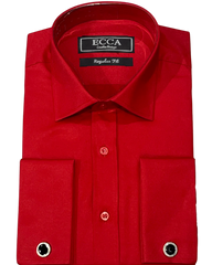 Men's luxury red shirt with double cuffs and stud detail made from premium cotton fabric.