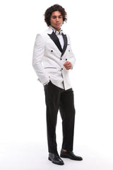 Men's White Double Breasted Suit - White & Black Tuxedo