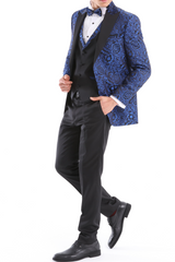 ELEGANCE NAVY TUXEDO  - Men's Navy Satin Barcode Fabric 4 Piece Dinner & Wedding Suit