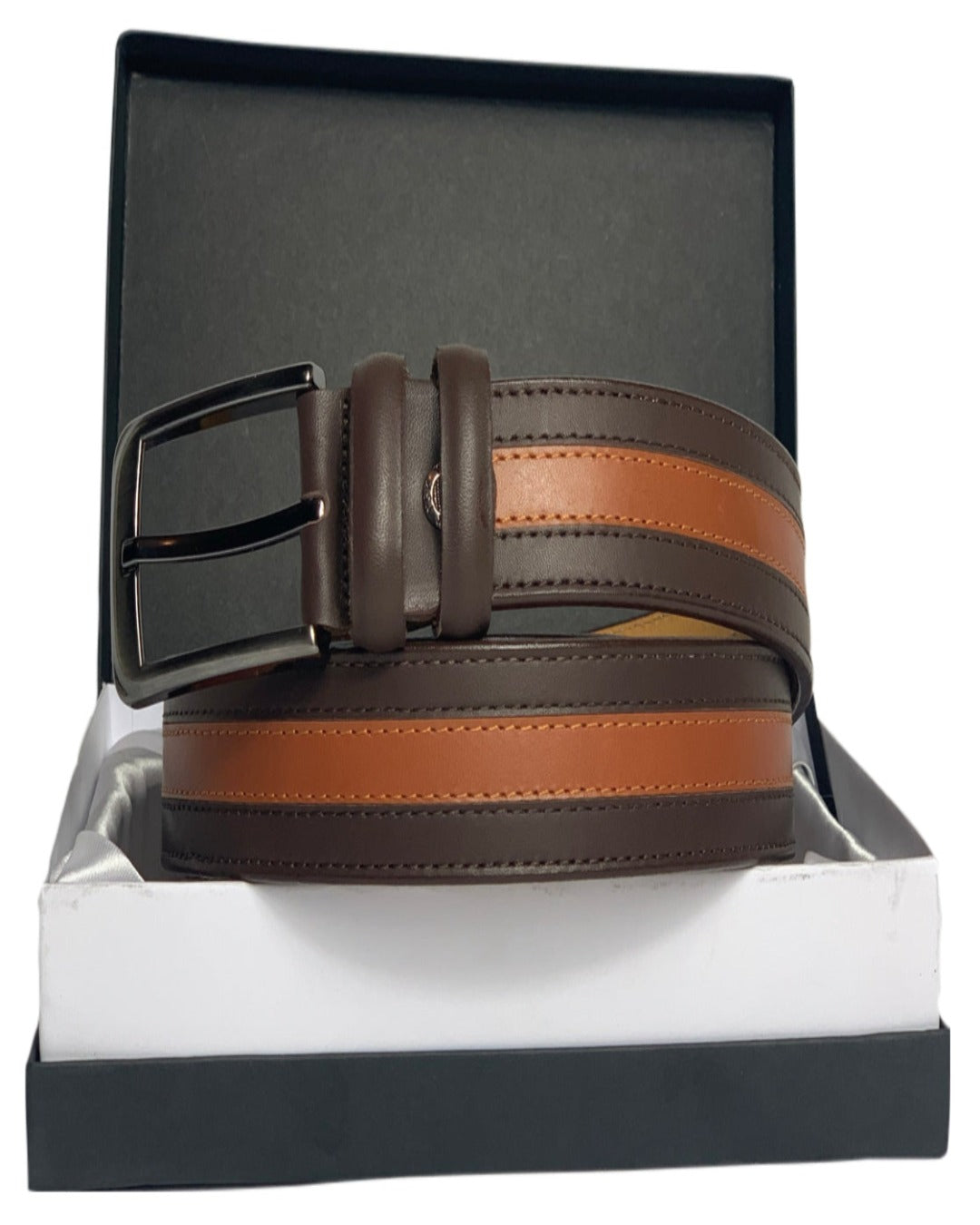 A brown and tan genuine leather handmade belt, displayed in an open box with a black interior.