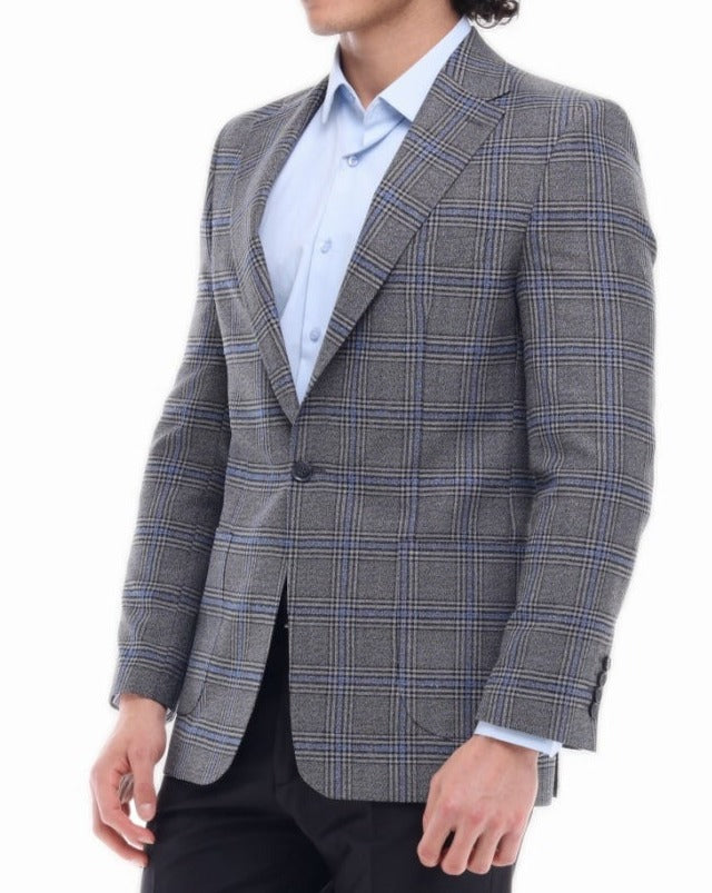 Grey & Blue Check Blazer for Men