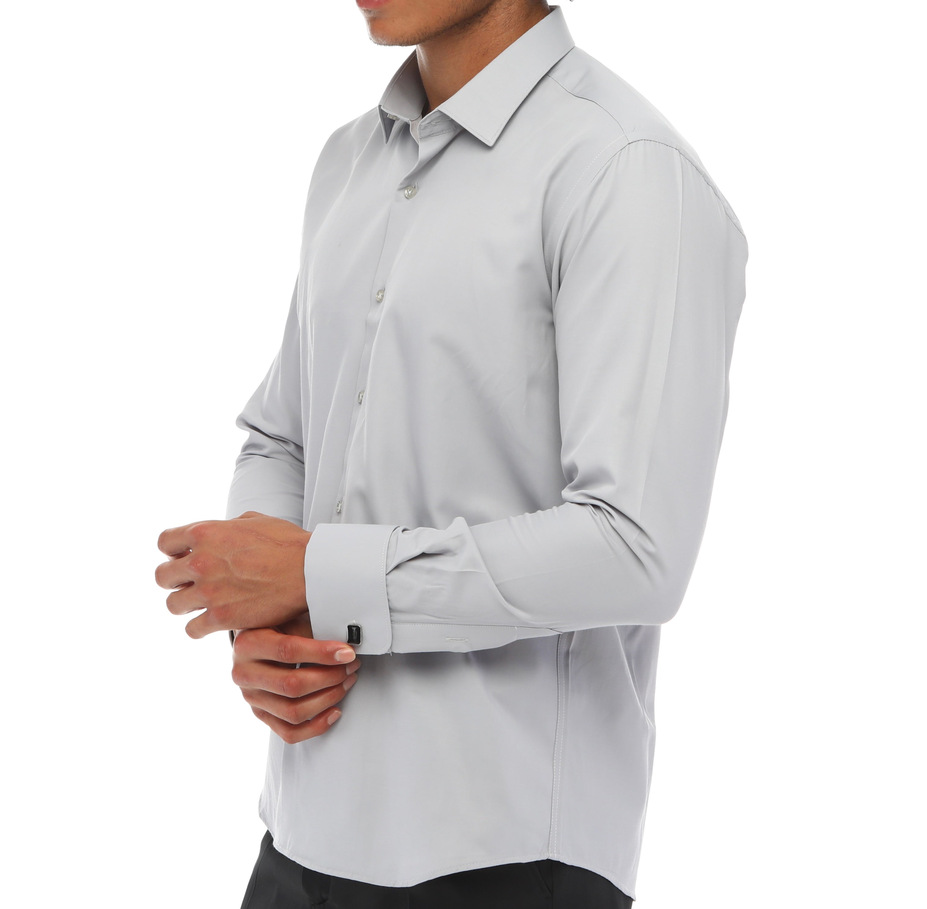 Grey Double Cuff Shirt With Studs