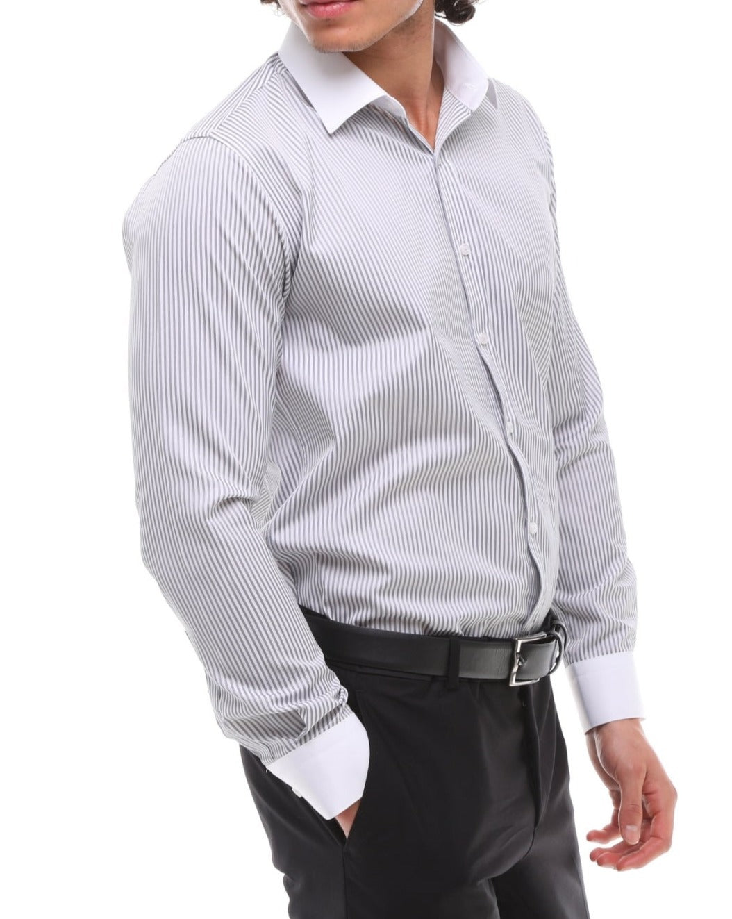 Grey Stripe with White Collar Shirt