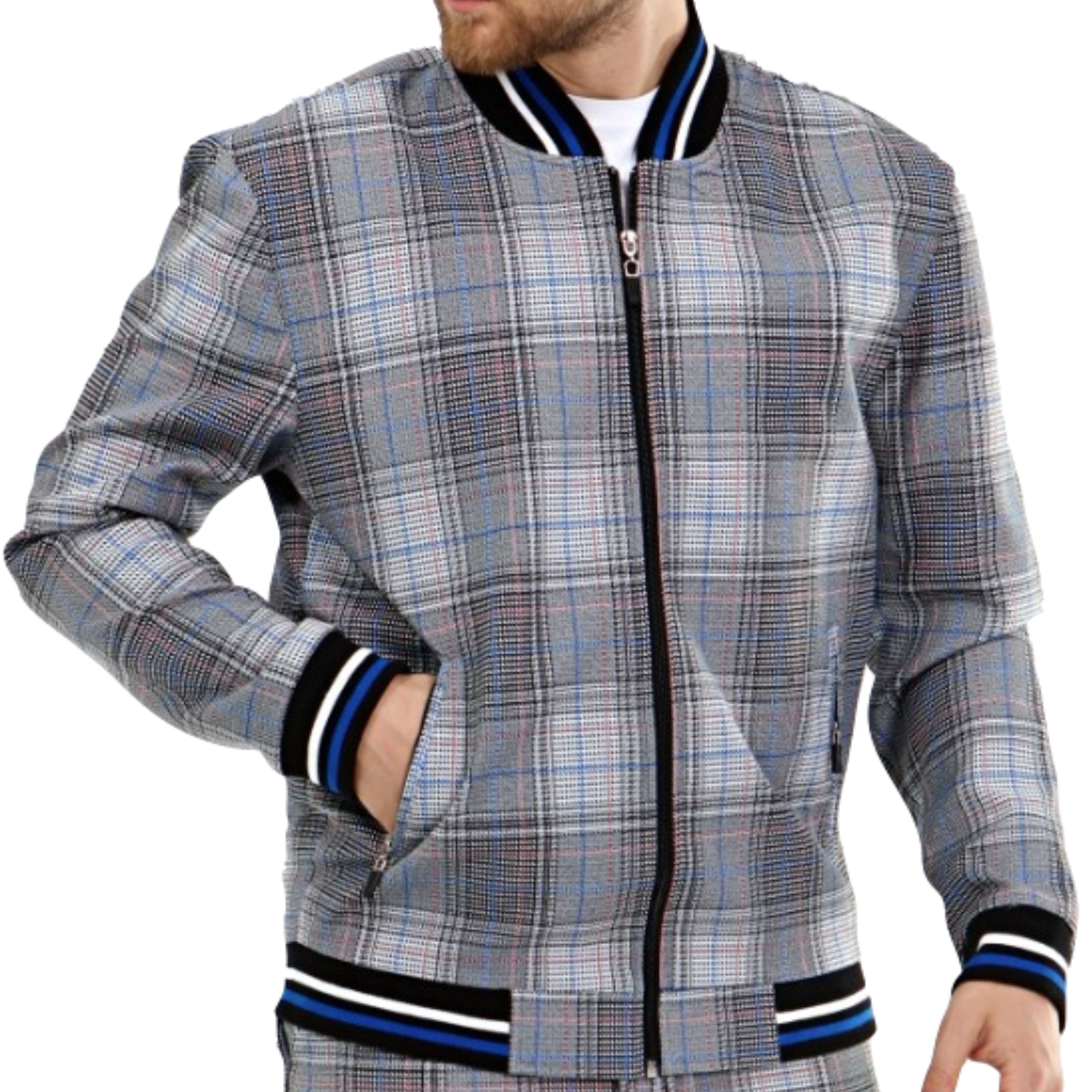 Grey and White Check bomber jacket for men