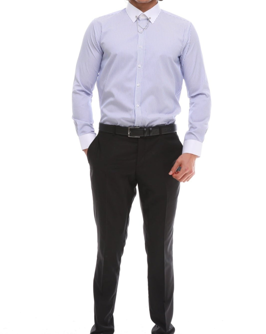 Lilac Stripe with White Pinned Collar Shirt for Men