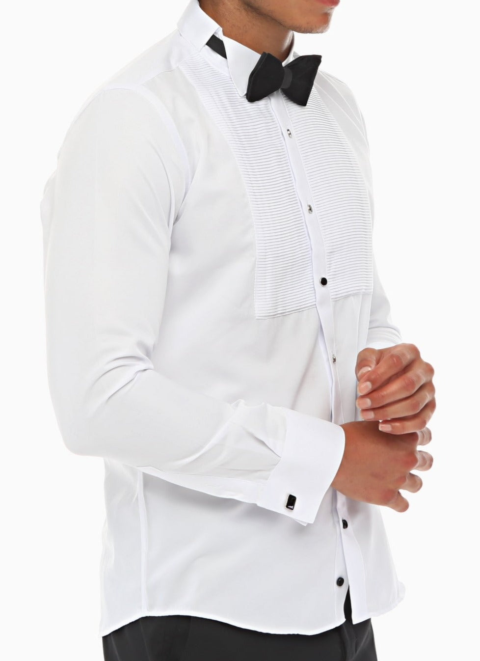 MEN's HORIZONTAL PLEATED - White Tuxedo Shirt With Studs