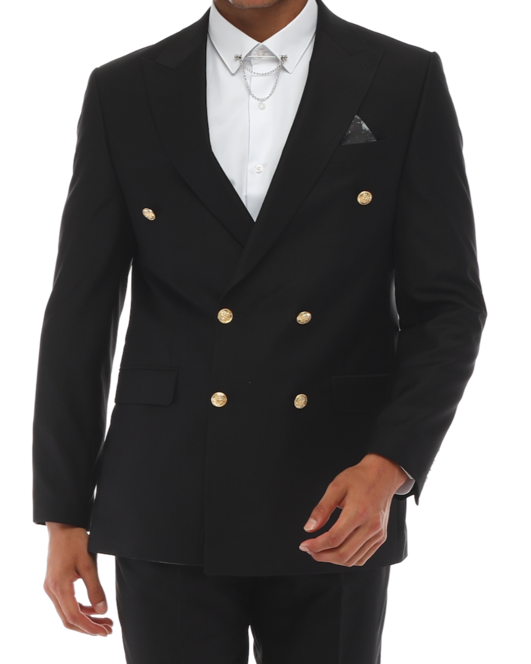 Black Double Breasted Suit With Golden Crested Buttons