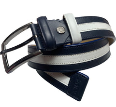 Men's navy and white genuine leather handmade belt, displayed in an open box with a black interior.