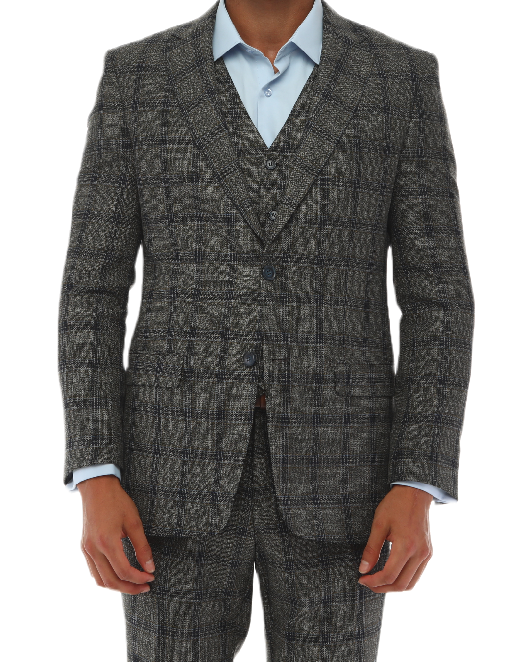 ISAAC CHARCOALS - Charcoal & Blue Plaid Three Piece Suit