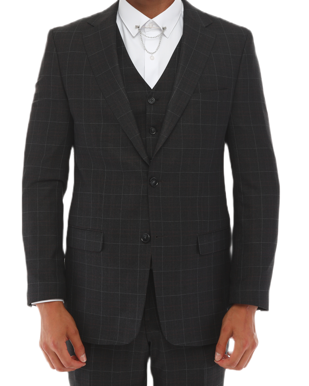 ISAAC BACK - Black & White & Red Plaid Three Piece Suit