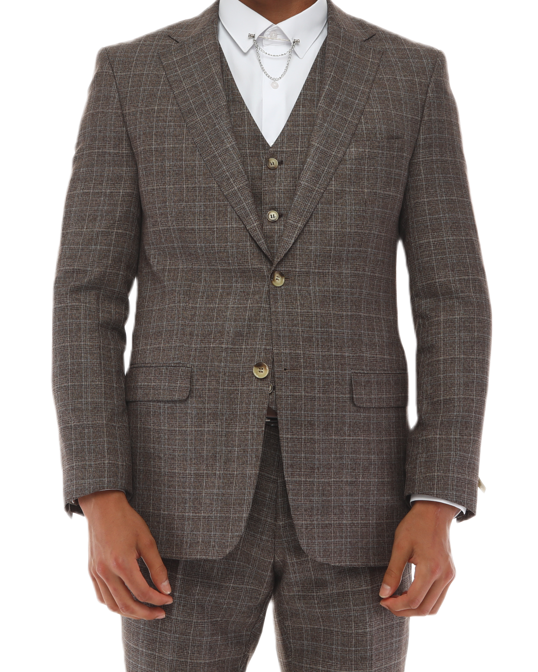 ISAAC BROWNS - Brown & White Plaid Three Piece Suit