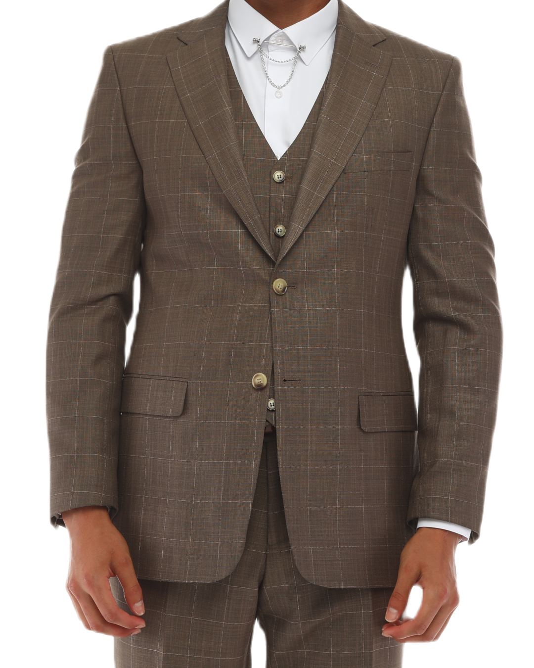 BROWN JACK -  Brown & Light Brown Plaid Three Piece Suit