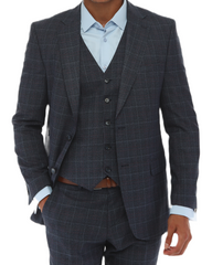 ISAAC BLUES - Blue & Light Blue & Red Plaid Three Piece Suit