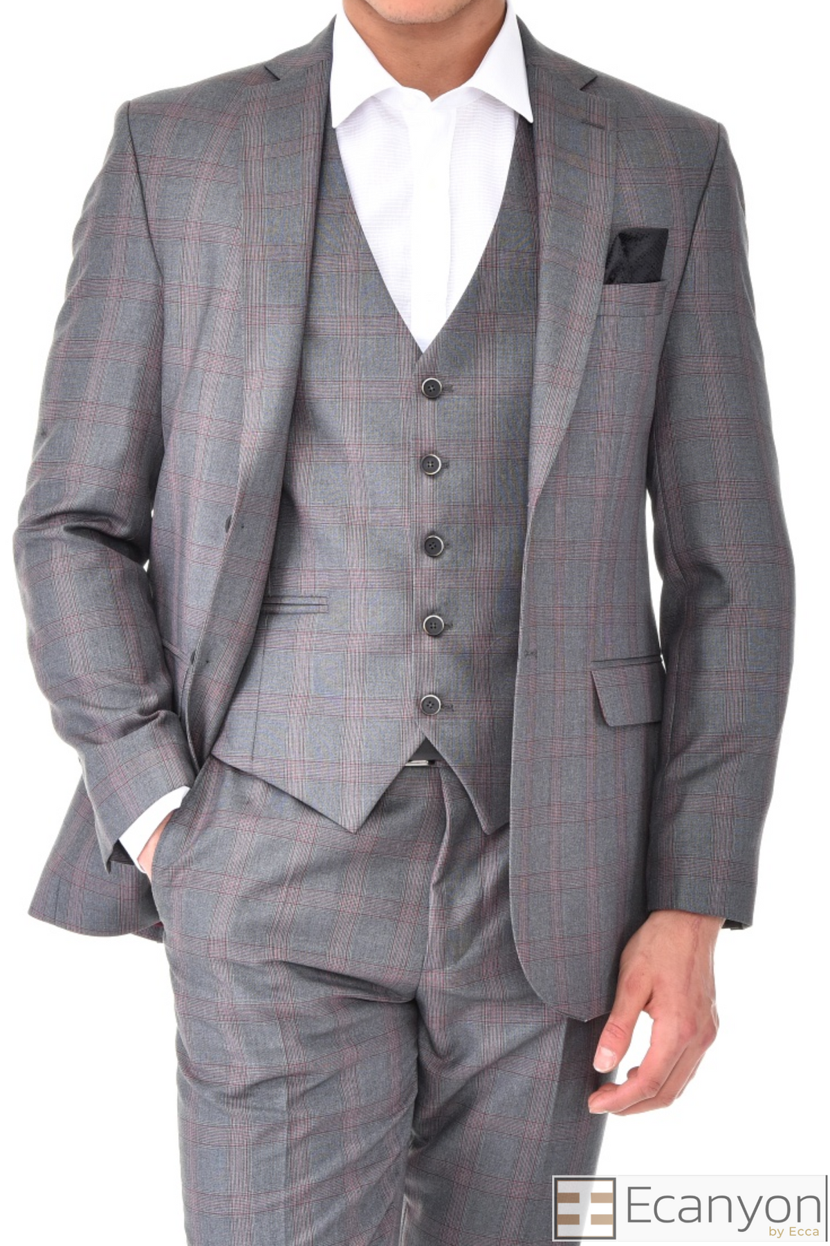 Grey Plaid Green Design Three Piece Suit, A timeless a grey plaid burgundy design suit that can be styled up for special events or styled down for the office. The matching quality a grey plaid burgundy matched design waistcoat and trousers are paired with a grey plaid burgundy design  jacket. You’ll love the patterned lining panels on this suit, especially the one in the jacket’s breast pocket which doubles up as a pocket square. Master Tailored Fit 3 Piece