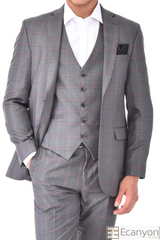 Grey Plaid Green Design Three Piece Suit, A timeless a grey plaid burgundy design suit that can be styled up for special events or styled down for the office. The matching quality a grey plaid burgundy matched design waistcoat and trousers are paired with a grey plaid burgundy design  jacket. You’ll love the patterned lining panels on this suit, especially the one in the jacket’s breast pocket which doubles up as a pocket square. Master Tailored Fit 3 Piece