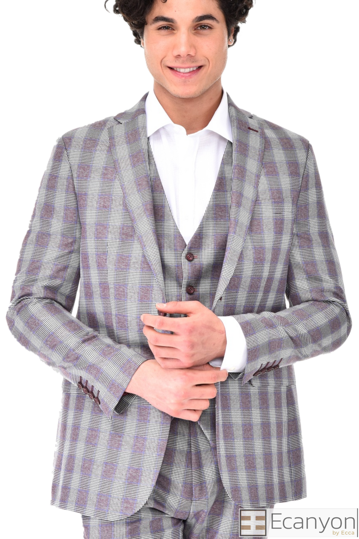 Grey Plaid Burgundy 3 Piece Suit, A timeless a burgundy plaid grey design suit that can be styled up for special events or styled down for the office. The matching quality a burgundy plaid grey design waistcoat and trousers are paired with a burgundy plaid grey matched design  jacket. You’ll love the patterned lining panels on this suit, especially the one in the jacket’s breast pocket which doubles up as a pocket square. Master Tailored Fit 3 Piece Suit
