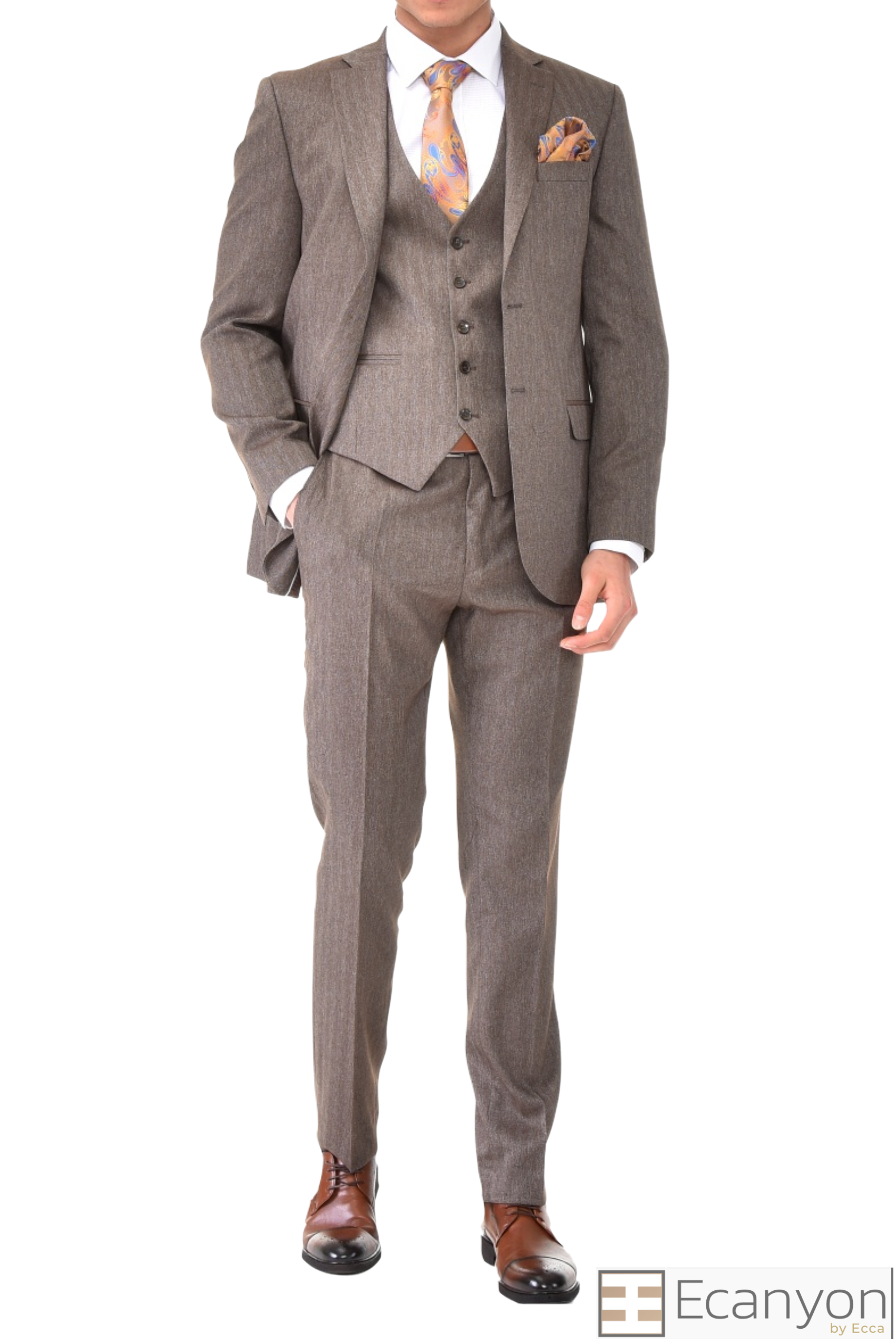 Brown Three Piece Suit Pattern Fabrics. A timeless a brown plain suit that can be styled up for special events or styled down for the office. The matching quality a brown plain waistcoat and trousers are paired with a brown plain suit jacket. You’ll love the patterned lining panels on this suit, especially the one in the jacket’s breast pocket which doubles up as a pocket square. Regular fit