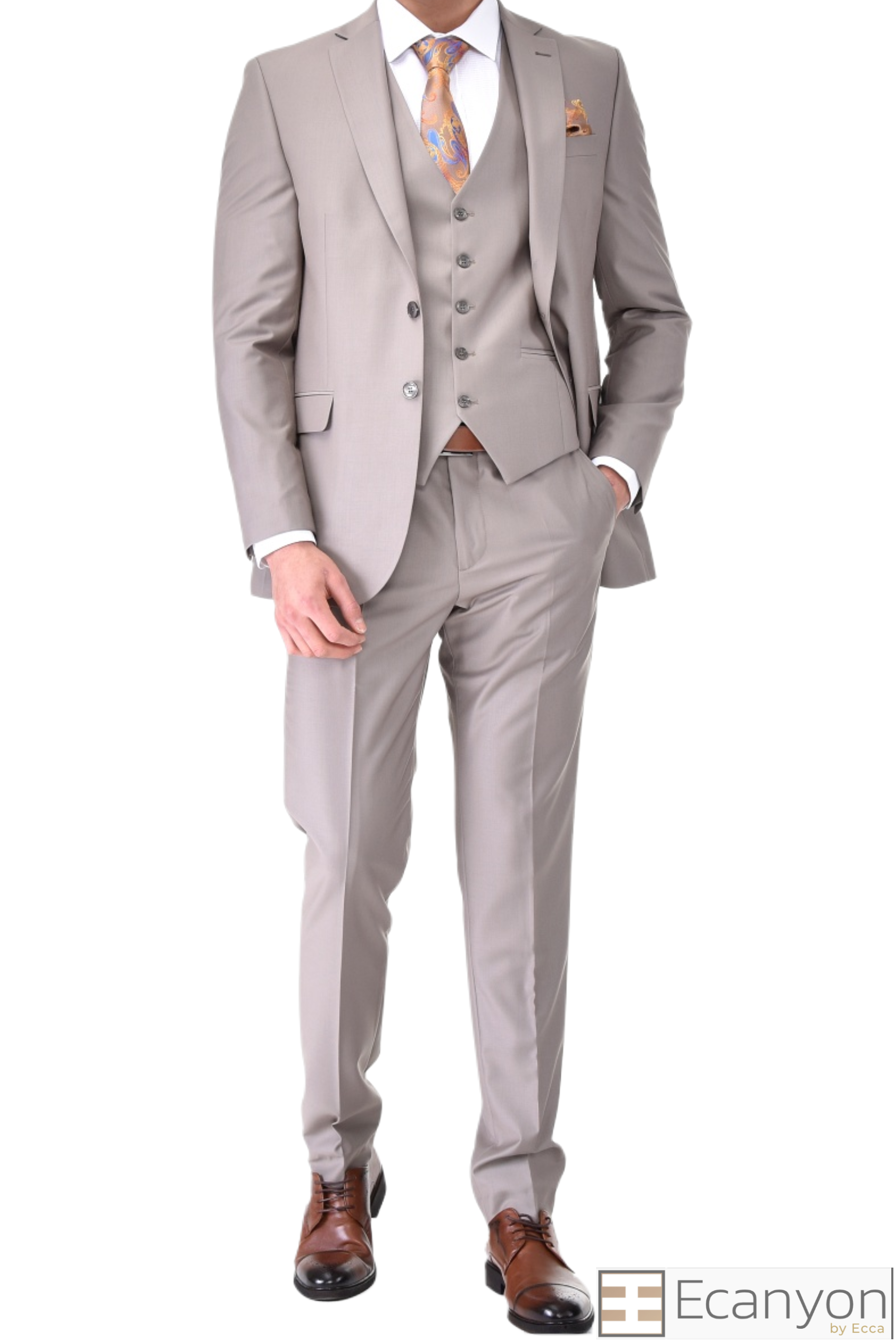 Milky-Brown Plain Three Piece Suit, A timeless a plain milky-brown three piece suits that can be styled up for special events or styled down for the office. The matching quality a plain milky-brown waistcoat and trousers are paired with a plain milky-brown suit jacket. You’ll love the patterned lining panels on this suit, especially the one in the jacket’s breast pocket which doubles up as a pocket square. Master Tailored Fit 3 Piece Suit