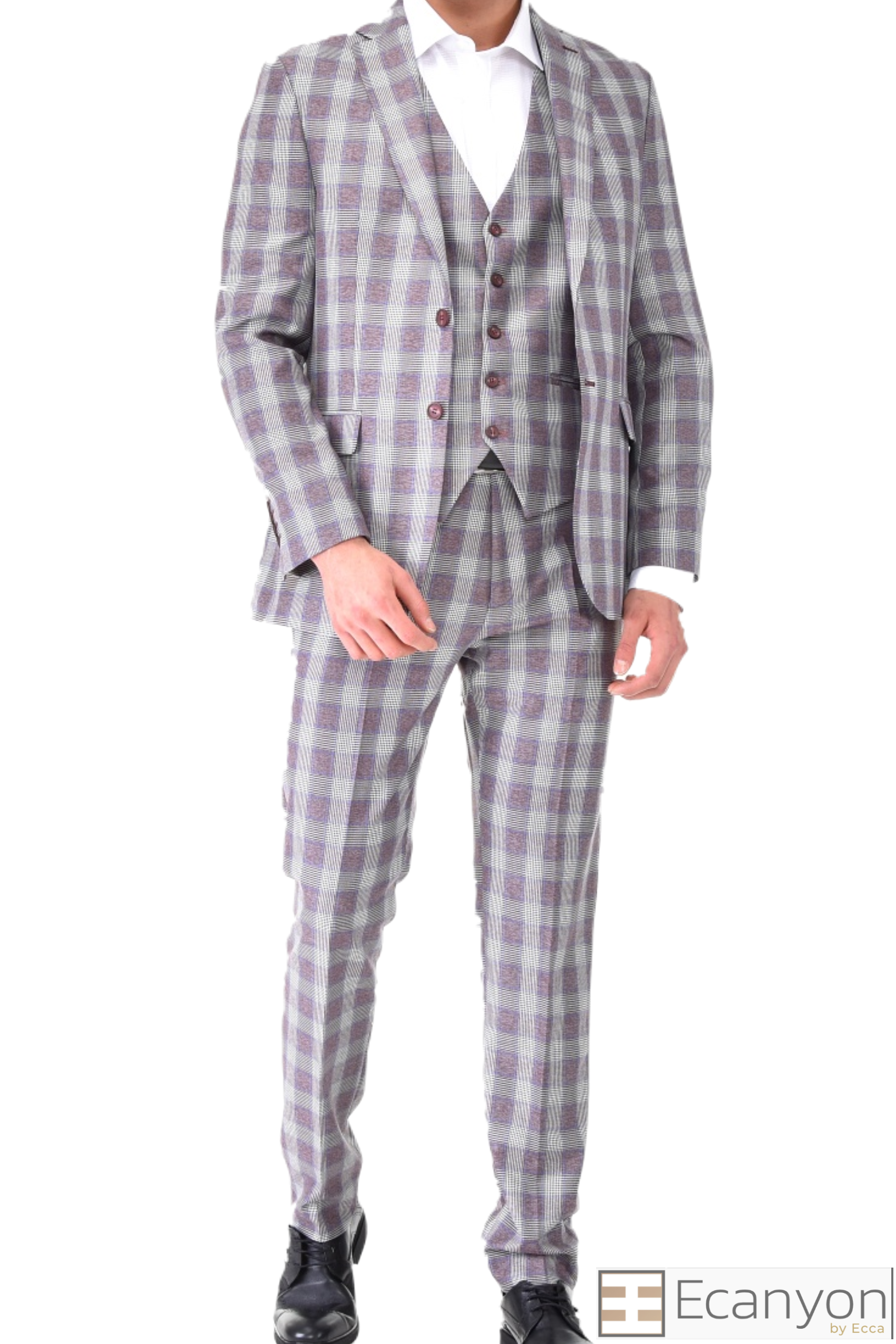 Grey Plaid Burgundy 3 Piece Suit, A timeless a burgundy plaid grey design suit that can be styled up for special events or styled down for the office. The matching quality a burgundy plaid grey design waistcoat and trousers are paired with a burgundy plaid grey matched design jacket. You’ll love the patterned lining panels on this suit, especially the one in the jacket’s breast pocket which doubles up as a pocket square. Master Tailored Fit 3 Piece Suit