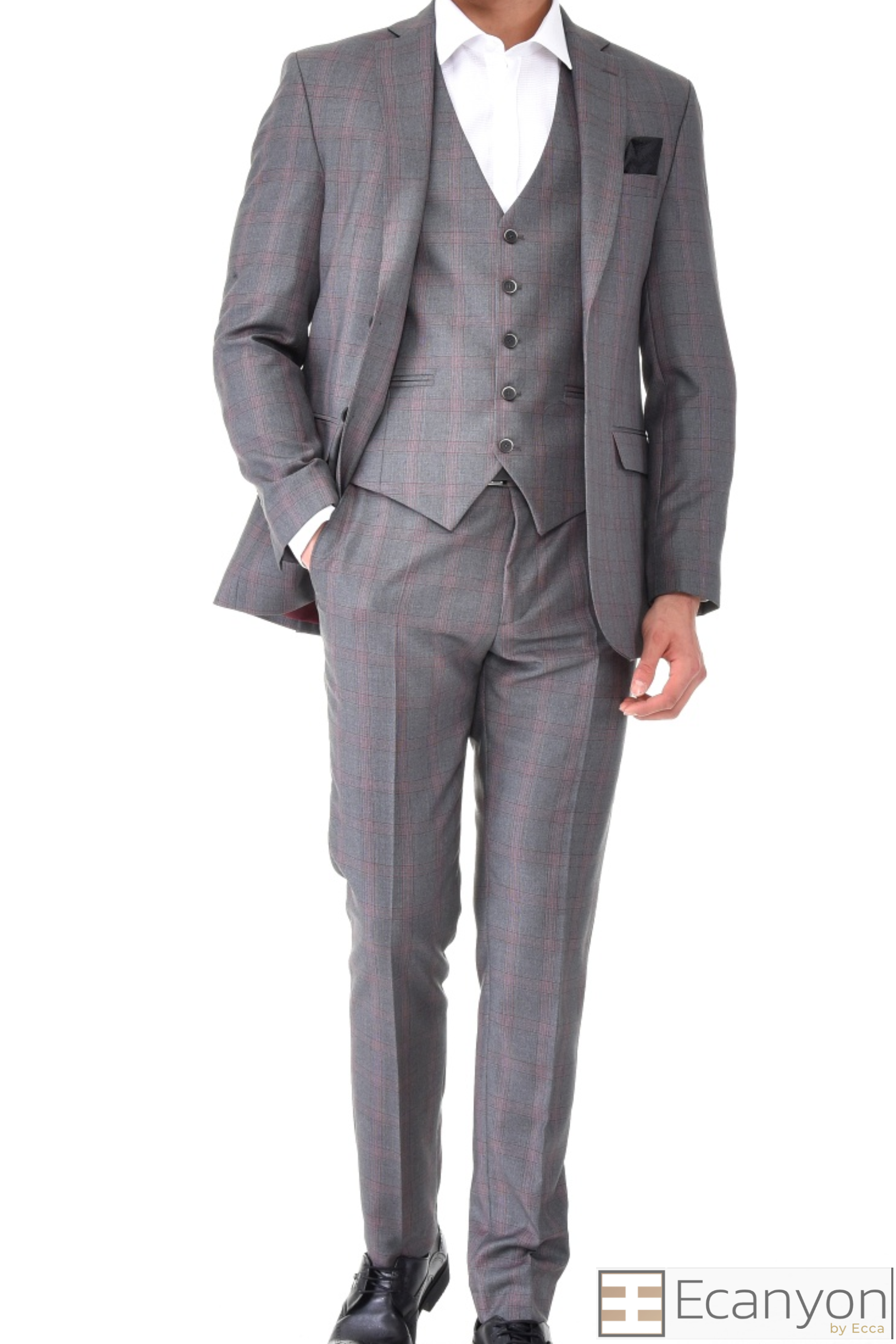 Grey Plaid Green Design Three Piece Suit, A timeless a grey plaid burgundy design suit that can be styled up for special events or styled down for the office. The matching quality a grey plaid burgundy matched design waistcoat and trousers are paired with a grey plaid burgundy design  jacket. You’ll love the patterned lining panels on this suit, especially the one in the jacket’s breast pocket which doubles up as a pocket square. Master Tailored Fit 3 Piece