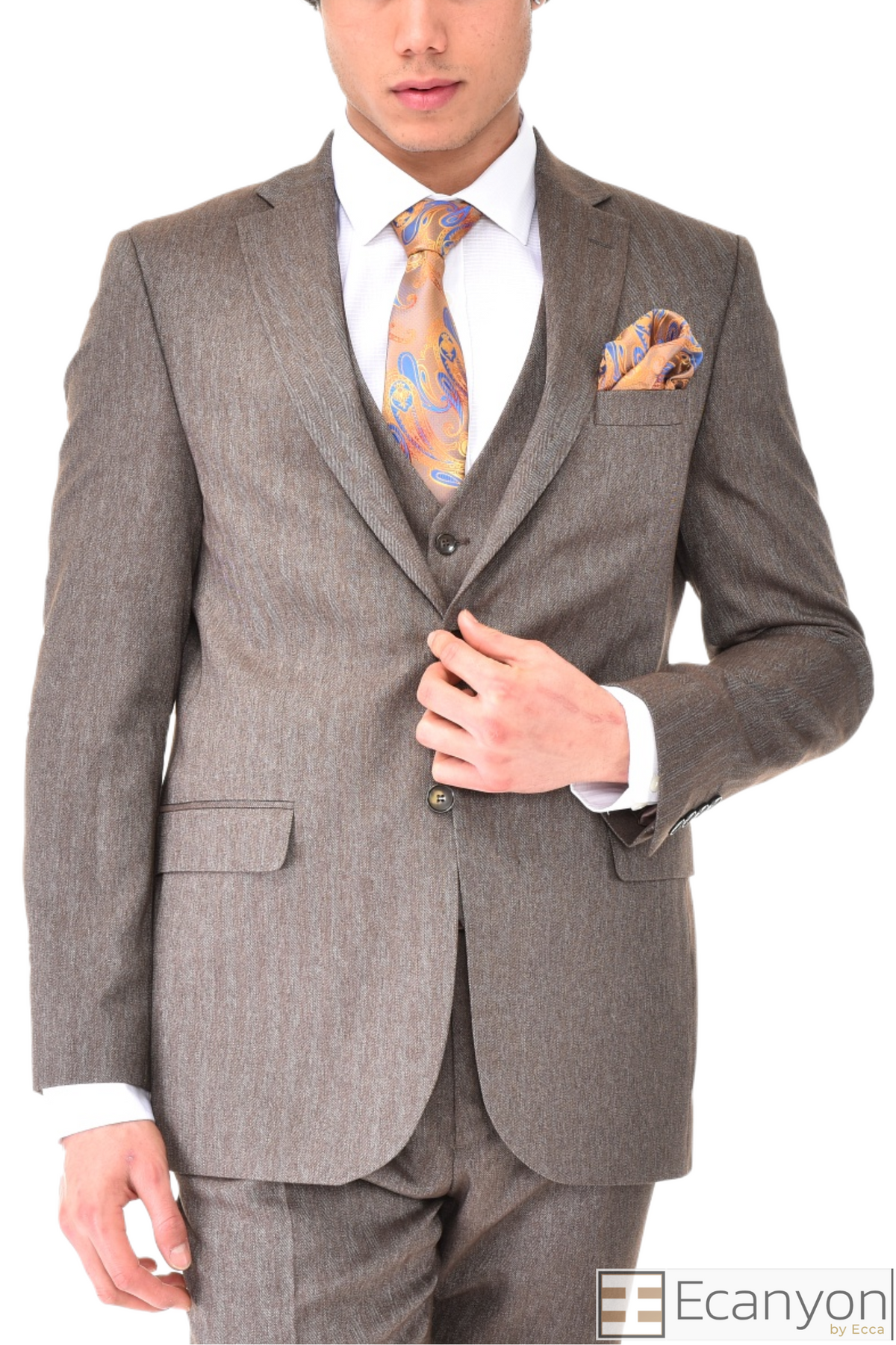 Brown Three Piece Suit Pattern Fabrics. A timeless a brown plain suit that can be styled up for special events or styled down for the office. The matching quality a brown plain waistcoat and trousers are paired with a brown plain suit jacket. You’ll love the patterned lining panels on this suit, especially the one in the jacket’s breast pocket which doubles up as a pocket square. Regular fit 