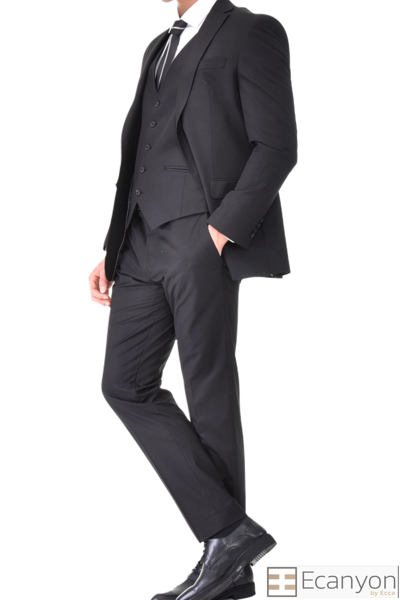 Black Plain Three Piece Suit, A timeless a plain black three piece suits that can be styled up for special events or styled down for the office. The matching quality a plain black waistcoat and trousers are paired with a plain black suit jacket. You’ll love the patterned lining panels on this suit, especially the one in the jacket’s breast pocket which doubles up as a pocket square. Master Tailored Fit 3 Piece Suits