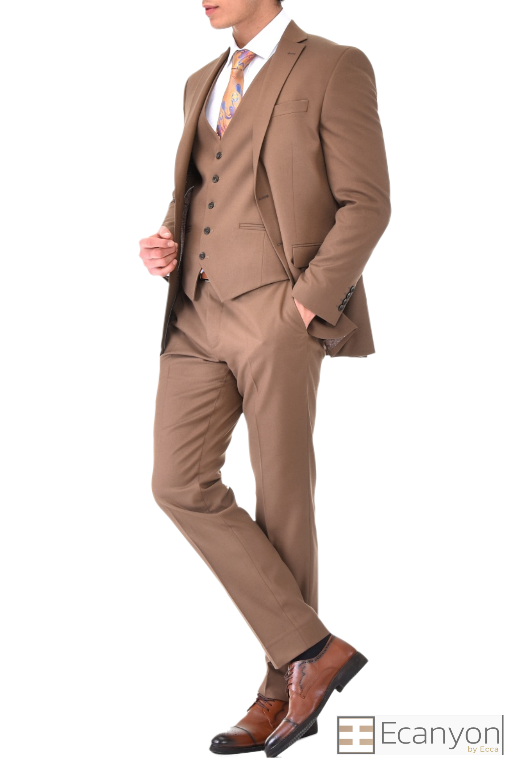 Tan Plain 3 Piece Suit, A timeless a plain tan quality thick fabric three piece suits that can be styled up for special events or styled down for the office. The matching quality a plain tan waistcoat and trousers are paired with a plain tan blue suit jacket. You’ll love the patterned lining panels on this suit, especially the one in the jacket’s breast pocket which doubles up as a pocket square.Master Tailored Fit 3 Piece Suit