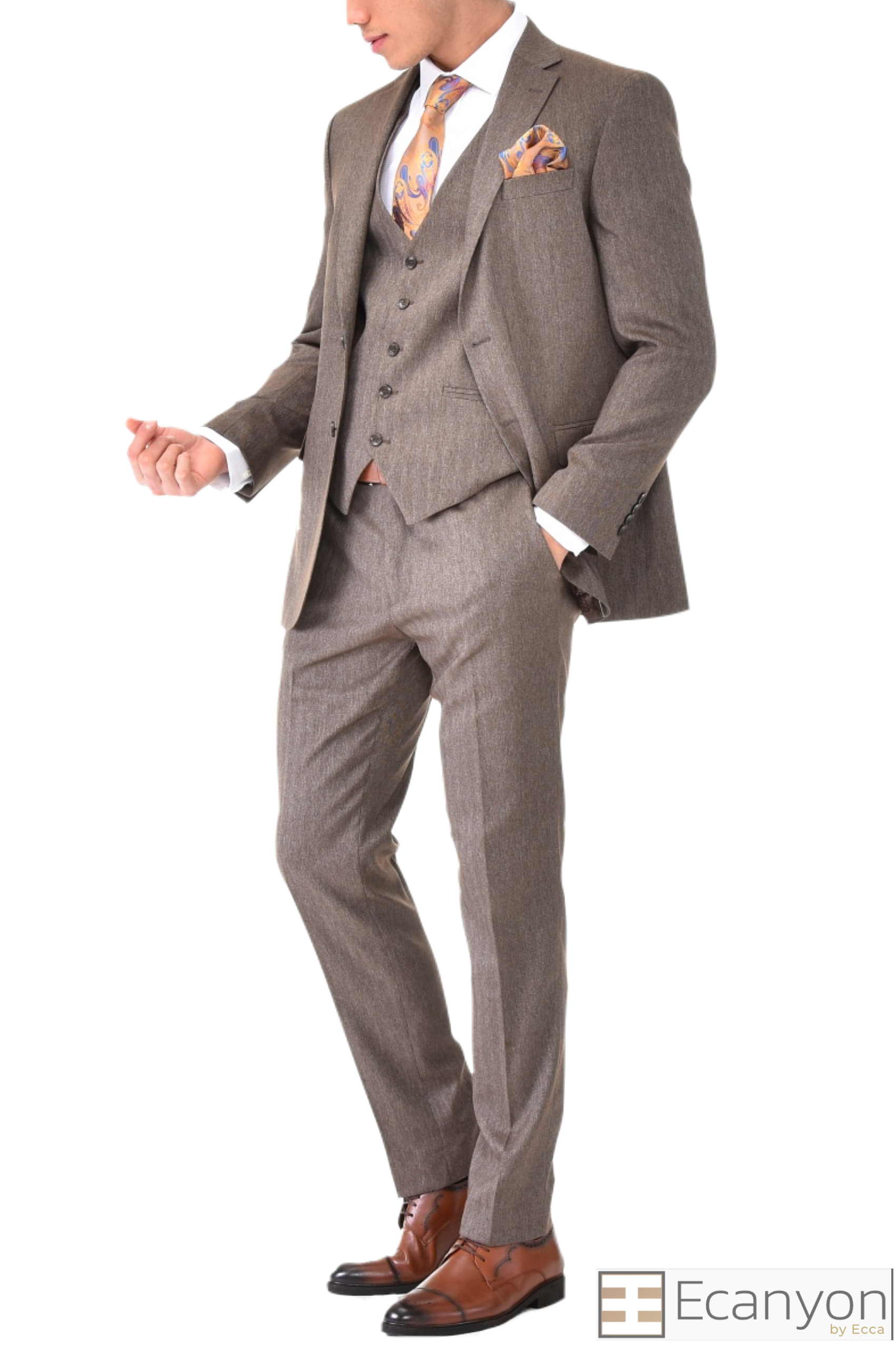 Brown Three Piece Suit Pattern Fabrics. A timeless a brown plain suit that can be styled up for special events or styled down for the office. The matching quality a brown plain waistcoat and trousers are paired with a brown plain suit jacket. You’ll love the patterned lining panels on this suit, especially the one in the jacket’s breast pocket which doubles up as a pocket square. Regular fit