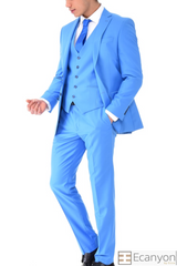 Sky Blue Plain Three Piece Suit, A timeless a plain sky blue three piece suits that can be styled up for special events or styled down for the office. The matching quality a plain sky blue waistcoat and trousers are paired with a plain sky blue suit jacket. You’ll love the patterned lining panels on this suit, especially the one in the jacket’s breast pocket which doubles up as a pocket square.Master Tailored Fit 3 Piece Suit