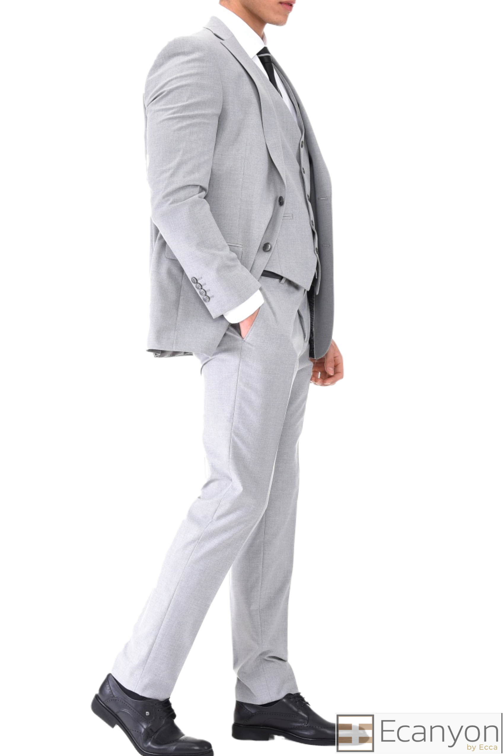 Ice Grey Plain Three Piece Suit, A timeless a plain grey three piece suits that can be styled up for special events or styled down for the office. The matching quality a plain grey waistcoat and trousers are paired with a plain grey suit jacket. You’ll love the patterned lining panels on this suit, especially the one in the jacket’s breast pocket which doubles up as a pocket square. Master Tailored Fit 3 Piece Suit