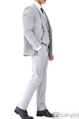 Ice Grey Plain Three Piece Suit, A timeless a plain grey three piece suits that can be styled up for special events or styled down for the office. The matching quality a plain grey waistcoat and trousers are paired with a plain grey suit jacket. You’ll love the patterned lining panels on this suit, especially the one in the jacket’s breast pocket which doubles up as a pocket square. Master Tailored Fit 3 Piece Suit