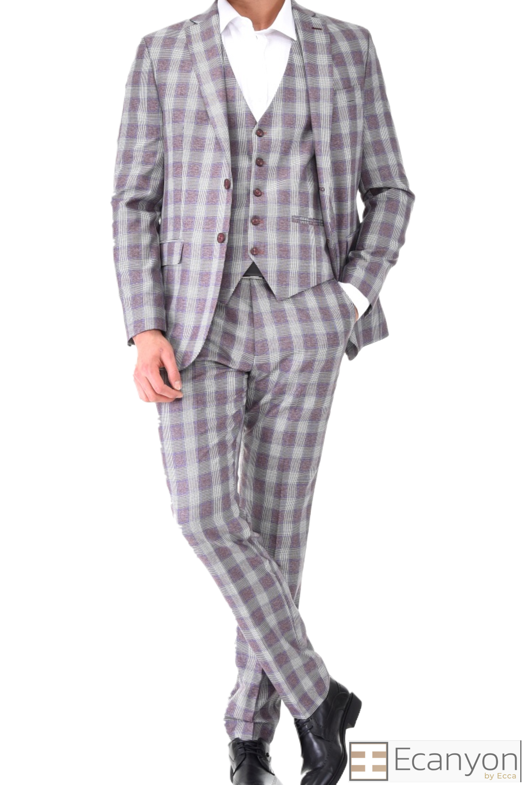 Grey Plaid Burgundy 3 Piece Suit, A timeless a burgundy plaid grey design suit that can be styled up for special events or styled down for the office. The matching quality a burgundy plaid grey design waistcoat and trousers are paired with a burgundy plaid grey matched design jacket. You’ll love the patterned lining panels on this suit, especially the one in the jacket’s breast pocket which doubles up as a pocket square. Master Tailored Fit 3 Piece Suit