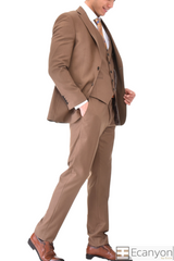 Tan Plain 3 Piece Suit, A timeless a plain tan quality thick fabric three piece suits that can be styled up for special events or styled down for the office. The matching quality a plain tan waistcoat and trousers are paired with a plain tan blue suit jacket. You’ll love the patterned lining panels on this suit, especially the one in the jacket’s breast pocket which doubles up as a pocket square.Master Tailored Fit 3 Piece Suit